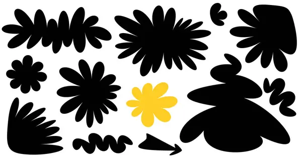 Bold Black Abstract Floral Silhouettes Singular Yellow Flower Stand Out Ilustração De Bancos De Imagens