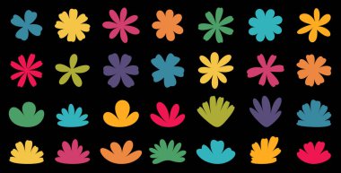 Koyu siyah bir tuval üzerine kurulmuş renkli çiçekli siluetler, renkli zengin bir duvar halısı sergiliyor..