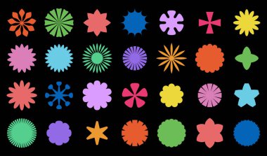 Koyu bir zemin üzerinde sunulan renkli geometrik ve organik şekillerin eğlenceli bir karışımı, çeşitli ve neşeli projeler için ideal..