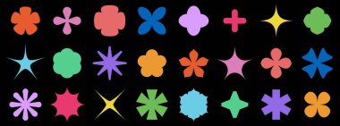 Canlı bir renk paletinde, yaratıcı projeler için mükemmel, koyu siyah bir arkaplan karşısında soyut şekiller dizisi ortaya çıkar..