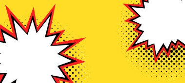 İki patlayıcı konuşma baloncuğuyla geniş bir format tasarımı, canlı sarı arka plan, kırmızı pürüzlü kenarlar, ve klasik bir yarım ton gölgesi, klasik çizgi roman sanatını anımsatıyor..