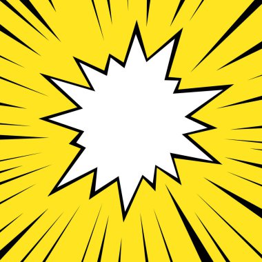 Dinamik siyah çizgilerle çerçevelenmiş beyaz bir yıldız patlaması, hepsi oyuncu sarı bir zemin üzerine kurulmuş, pop sanatları patlamalarının enerjisini çağrıştırıyor..