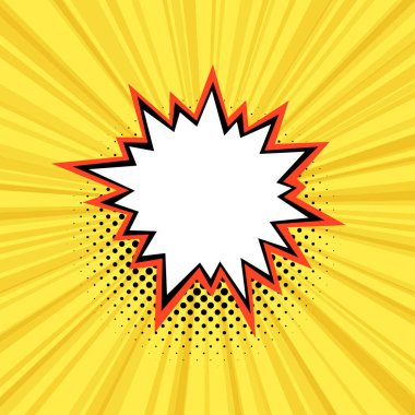 Radyal çizgiler ve yarım tonlu noktalar ile sarı bir zemin üzerinde turuncu ile çizilmiş merkezi yıldız şekli ile çarpıcı bir çizgi roman tarzı patladı..