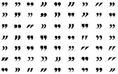 Değişik tipografik tasarımlar gösteren farklı siyah tırnak işaretleri koleksiyonu. Vektör illüstrasyonu.