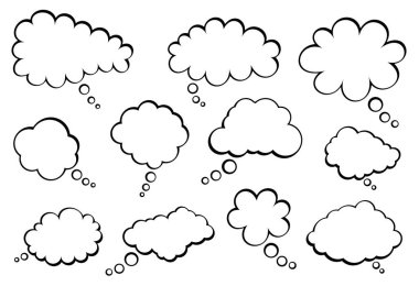 Farklı bulut şekillerinde boş düşünce baloncukları koleksiyonu. Özel düşünce ya da mesaj eklemek için ideal. Yaratıcı projeler ve iletişim tasarımları için mükemmel..