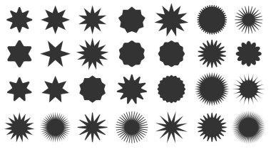 Beyaz zemin üzerinde çeşitli şekillerde tek renkli yıldız patlamaları ve güneş patlaması siluetleri var. Örtüler veya tasarım elementleri için mükemmel..