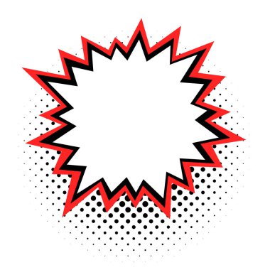 Sivri uçlu kırmızı ve siyah çizgili cesur beyaz bir yıldız patlaması, yarım tonlu noktalarla süslenmiş gri benekli arka plan, geçmişe dönük bir çizgi roman yeteneğini yönlendiriyor..