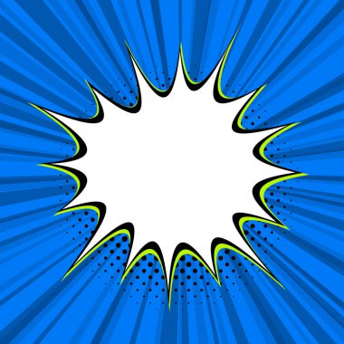 Göz alıcı bir çizgi roman tarzı patlama, parlak mavi çizgiler ve siyah yarım ton desenli, yeşil aksanlı, enerjik ve dikkat çekici tasarımlar için mükemmel..