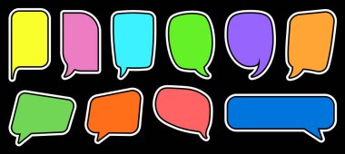 Değişik şekil ve renklerde, siyah bir zemin üzerine kurulu canlı bir çizgi roman koleksiyonu. Çizgi romanlara, grafik tasarımlara ve yaratıcı projelere renk katmak için mükemmel..