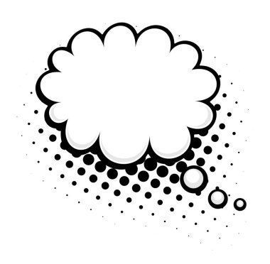 Siyah ve beyaz düşünce baloncuğu komik bir tarzda, yarım tonlu noktalar içeriyor. Çizgi roman, illüstrasyon ve grafik tasarım projelerine klasik bir dokunuş eklemek için ideal.