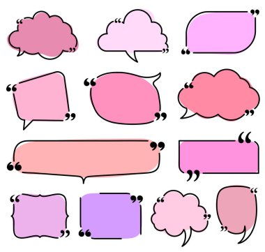 Çeşitli şekillerde ve gölgelerde tırnak işaretleri olan pembe konuşma baloncukları. Yaratıcı projeler ve sunumlarda tırnak, mesaj ve diyalogların altını çizmek için ideal.