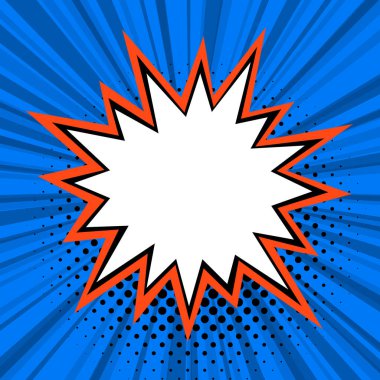 Radyal çizgiler ve yarım tonlu noktalar ile mavi bir arkaplan üzerinde turuncu ile özetlenmiş merkezi yıldız şekli ile çarpıcı bir çizgi roman tarzı patladı.