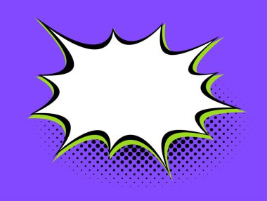 Canlı mor arkaplanı olan beyaz bir konuşma balonu, yeşil yarım tonlu gölgeler ve keskin kenarları ile vurgulanmış, canlı grafik ifadeler için mükemmel..