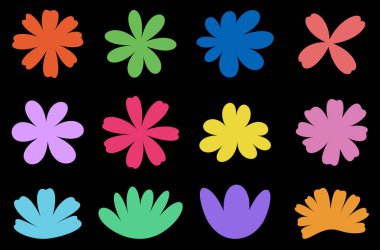 Renkli çiçekli siluetlerden oluşan canlı bir koleksiyon siyah bir arkaplanda beliriyor, çeşitliliği ve oyunculuğu kutluyor..