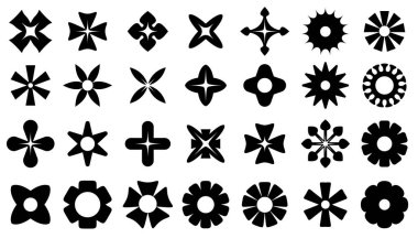 Her biri eşsiz bir tasarım ve estetik sunan çeşitli siyah soyut yıldız şekilleri grafik projelerinde cesur görsel elementler yaratmak için mükemmeldir..