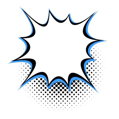 Alt kenar boyunca siyah ve mavi bir yarım ton deseni olan cesur bir konuşma balonu klasik çizgi roman tasarımına modern bir kıvrım ekliyor..