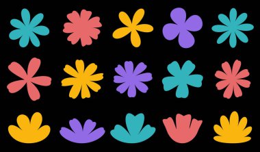 Renkli çiçekli siluetlerden oluşan canlı bir koleksiyon siyah bir arkaplanda beliriyor, çeşitliliği ve oyunculuğu kutluyor..