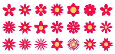 Sarı merkezli kırmızı çiçeklerin canlı bir koleksiyonu çeşitli biçimlerde sunuluyor, beyaz arkaplanda neşeli ve neşeli bir çiçek deseni oluşturuyor..