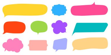 Değişik şekil ve boyutlarda renkli konuşma baloncukları koleksiyonu. Canlı konuşma göstergelerine ihtiyaç duyan çizgi roman, sohbet arayüzleri ve yaratıcı tasarım projeleri için ideal.