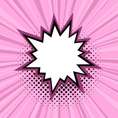 Radyal çizgiler ve yarım tonlu noktalar ile pembe bir arkaplan, mor ile özetlenmiş merkezi yıldız şekli ile çarpıcı bir mizah tarzı patlak.