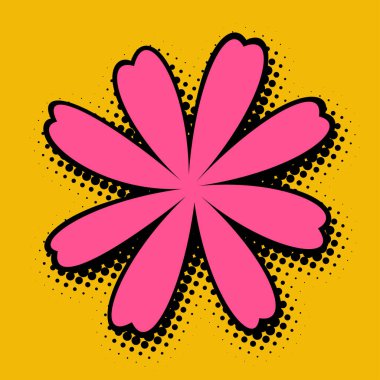 Eski moda pop sanat tarzına sahip sıcak pembe bir çiçek hardal sarısı bir arka plana karşı canlı bir şekilde duruyor. Yarım ton desenli, neşeli bir enerji yayıyor..