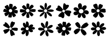 Bir dizi siyah çiçekli siluet, beyaz arkaplanda basit bir zarafetle, zamansız bir tasarım yaratarak,.