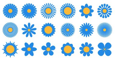 Altın sarısı merkezli, her biri taç yaprağı şeklinde ve tasarımda değişen mavi çiçek siluetlerinin neşeli bir çeşitliliği, temiz beyaz bir arkaplan üzerine kuruludur..