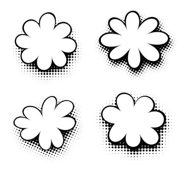 Yarım ton arkaplanı olan, diyalog ya da düşüncelerle doldurulmaya hazır, klasik siyah beyaz çizgi roman baloncukları..