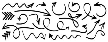 Çeşitli stil ve yönlerde el yapımı oklar koleksiyonu. Vektör illüstrasyonu.