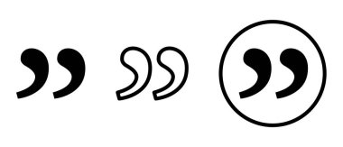 Farklı siyah tırnak işaretleri, dairesel bir çerçeveye yerleştirilmiş bir çift de dahil olmak üzere, beyaz arkaplanda, çeşitli tipografik dizaynlar sergiliyor.