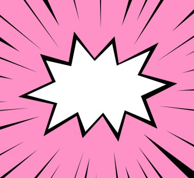 Dinamik siyah çizgilerle çerçevelenmiş beyaz bir yıldız patlaması, hepsi de oyuncu pembe bir zemin üzerine kurulmuş, pop sanat patlamalarının enerjisini çağrıştırıyor..