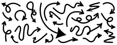 Çeşitli yön ve stillerde el yapımı oklar koleksiyonu. Yaratıcı tasarım projeleri için ideal. Vektör illüstrasyonu.