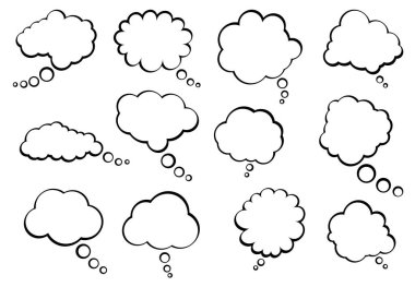 Farklı bulut şekillerinde boş düşünce baloncukları koleksiyonu. Özel düşünce ya da mesaj eklemek için ideal. Yaratıcı projeler ve iletişim tasarımları için mükemmel..