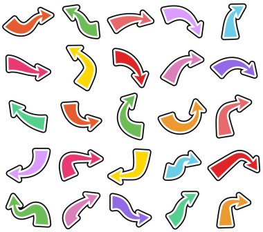 Cüretkar beyaz çizgiler ve dinamik yönlere sahip çeşitli renklerde kıvrımlı okların bir derlemesini içeren vektör illüstrasyonu.