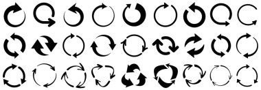 Çeşitli stillerde koyu siyah dairesel ok simgelerinin bir koleksiyonu, dijital tasarımlarda dönüş, geri dönüşüm ve sürekli süreçleri temsil etmek için mükemmeldir. Vektör illüstrasyonu.