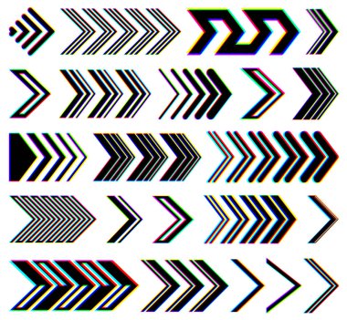 Çarpıcı çarpıtma efektleri olan canlı oklar koleksiyonu. Modern ve teknolojik tasarımlar için vektör illüstrasyonu.