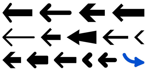 Векторная иллюстрация различных жирных иконок со стрелками влево в черно-синем цвете, с чистым, современным дизайном.