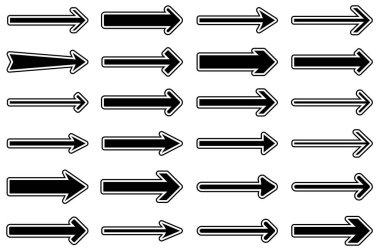 Siyah okların farklı stil ve kalınlıktaki vektör illüstrasyonları, basit ve temiz yön tasarımları sergiliyor..