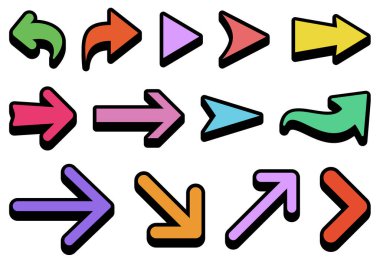 Kalın siyah çizgileri olan farklı yönlerdeki canlı oklar kümesinin vektör çizimi.