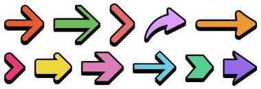 Cesur siyah çizgileri olan çeşitli yönlerdeki renkli ok koleksiyonunun vektör illüstrasyonu.