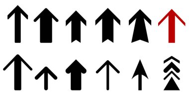 Yukarıya doğru siyah ve kırmızı ok simgelerinin vektör çizimi. Cesur, minimalist ve geometrik tasarımları içerir.