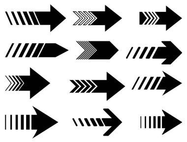 Modern dijital navigasyon ve görsel yön için mükemmel çizgili ve katı tasarımların karışımına sahip cesur geometrik ok simgelerinin bir derlemesi. Vektör illüstrasyonu.