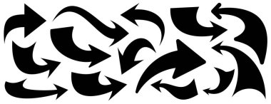 Yaratıcı ve anlamlı görsel tasarımlar için ideal, çeşitli şekil ve yönlere sahip koyu siyah eğimli ok simgelerinin bir derlemesi. Vektör illüstrasyonu.