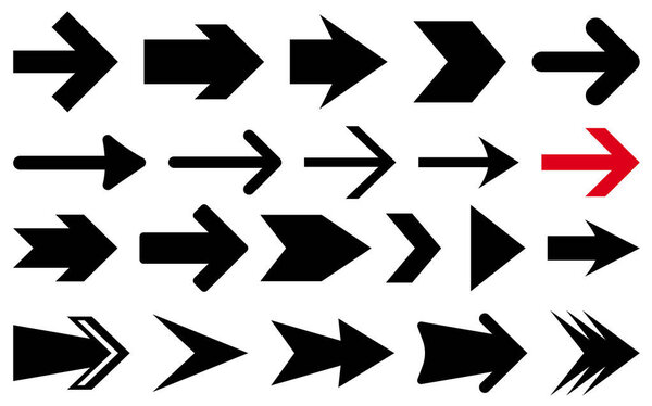 Векторная иллюстрация с различными жирными стрелками в черно-красном цвете, с резкими геометрическими рисунками.