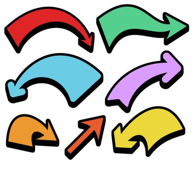 Renkli kıvrımlı ok koleksiyonunun vektör çizimi ve koyu siyah çizgili çeşitli yönler.