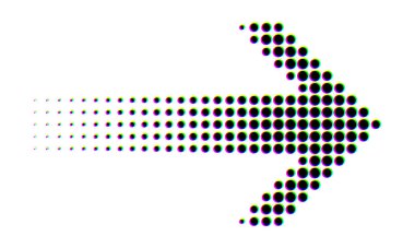 Modern dijital arayüzler için ideal, dinamik soluk efektli ve renkli bir arıza stiline sahip cesur noktalı ok simgesi. Vektör illüstrasyonu.