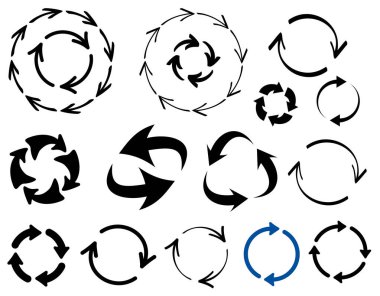 Çeşitli stillerde koyu siyah dairesel ok simgelerinin bir koleksiyonu, dijital tasarımlarda dönüş, geri dönüşüm ve sürekli süreçleri temsil etmek için mükemmeldir. Vektör illüstrasyonu.
