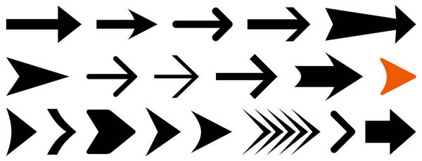 Векторная иллюстрация, демонстрирующая коллекцию простых черных и оранжевых иконок со стрелками с чистыми геометрическими рисунками.