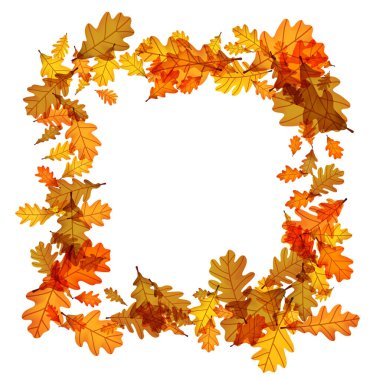 Sonbahar meşe yapraklarından yapılmış dekoratif çerçeve turuncu ve kahverengi sıcak tonlarda. Vektör illüstrasyonu.