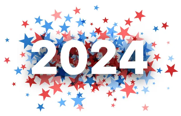 stock vector 2024 in bold white letters, surrounded by red and blue stars, representing the U.S. presidential election. A vibrant design for election-related materials.